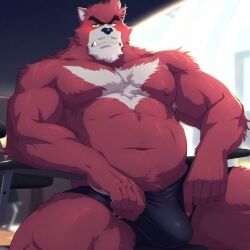 ai_generated anthro bear blush bulge cerberus049 fur furry kumatetsu looking_at_viewer male male_nipples male_only mammal nipples red_body red_fur the_boy_and_the_beast underwear