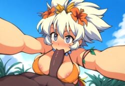 1boy 1girls ai_generated bikini blonde_hair blowjob breasts busty dark-skinned_female dark-skinned_male dark_skin day fellatio female goddess hanging_breasts huge_breasts interracial jungle jungle_de_ikou large_breasts leaf looking_at_viewer mii_(jungle_de_ikou) mullon necklace novelai oral paizuri penis pov short_hair solo_focus tribal voluptuous