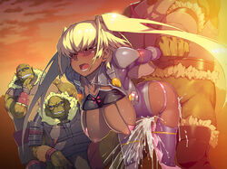 10s 1girls arm_grab blonde_hair blue_eyes censored color cum cum_inside dark-skinned_female dark_skin female interspecies male namaniku_atk orc rape restrained tagme taimanin_(series) taimanin_asagi_battle_arena tears tied_hair twintails yomi_akitsu