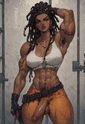 1futa ai_generated armpit_hair armpits boots brunette_futa brunette_hair cock dark-skinned_futanari dark_hair dark_skin dickgirl female_armpit_hair futa_only futanari gurza jail looking_at_viewer michaela muscular_arms muscular_futanari original_character penis prison prison_cell prison_uniform prisoner pubic_hair solo veins veiny veiny_penis