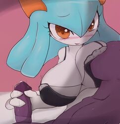 2015 anthro big_breasts big_penis blush breast_sucking breastfeeding breasts clothing condom duo female handjob hi_res huge_breasts kirlia lingerie male nintendo penis pietro_(deadpliss) pokémon_(species) pokemon pokemon_(species) precum rui_(sugaru) sableye shiny_pokemon shortstack smile straight sucking sugaru video_games