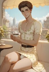 ai_generated blush boy brown_hair bulge bulge_under_clothes coffee dress grin hazel_eyes looking_at_viewer male male_only panties panty_bulge sitting smiling sundress tallcallipygian tcallipygian thick_thighs thighs yellow_dress