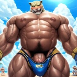 ai_generated animal_mask balls bandai_namco bara big_penis blush bulge bulge_through_clothing cerberus049 felid jaguar king_(tekken) male male_nipples male_only male_pubic_hair mask masked muscular_male nipples pantherine penis penis_outline sweat sweating tekken underwear wet wrestler