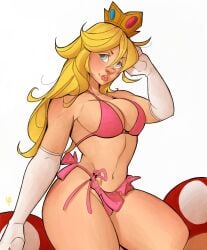 1girls big_breasts bikini blonde_hair blue_eyes bra busty cleavage crown elbow_gloves female female_only gloves large_breasts mario_(series) mushroom mushrooms navel panties pink_bikini pink_bra pink_panties princess_peach simple_background smile solo super_mario_bros. swimsuit tomphelippe white_background