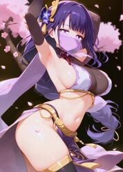 1girls ai_generated breasts dancer dancer_outfit dancing female female_focus female_only genshin_impact high_resolution large_breasts looking_at_viewer midriff pose posing purple_eyes purple_hair raiden_shogun solo thighhighs thighs unajyu very_high_resolution wide_hips