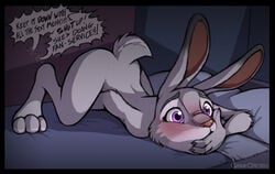 bed blush bucky_oryx-antlerson dark_nek0gami dialogue disney english_text female judy_hopps lagomorph mammal masturbation nude pronk_oryx-antlerson purple_eyes rabbit solo text unseen_character zootopia