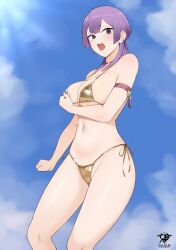 1girls alternate_costume areola_slip areolae arm_strap arm_under_breasts artist_logo bernadetta_von_varley bikini blue_sky breasts choker cleavage clenched_hand cloud day female female female_only fire_emblem fire_emblem:_three_houses gold_bikini gold_choker gold_swimsuit grey_eyes groin highres kaos_art large_breasts navel nintendo open_mouth outdoors purple_hair raised_eyebrows side-tie_bikini_bottom sideboob sky solo stomach swimsuit tassel thighs underboob yellow_bikini yellow_swimsuit