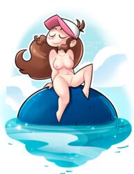 1girls alpha_channel ambiguous_gender areolae artist_name blush breasts brown_hair closed_eyes feet female hat heriplayer hilda_(pokemon) human large_breasts long_hair navel nipples nude png pokemon pokemon_bw ponytail pussy signature sitting sky smile text tied_hair toes wailmer water wide_hips