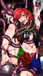 absurdres black_shirt commission female hecatia_lapislazuli highres kamenozoki_momomo looking_at_viewer red_eyes red_hair restrained shirt skeb_commission skirt smile solo tentacle tentacle_sex torn_clothes torn_skirt touhou underworld_(ornament)