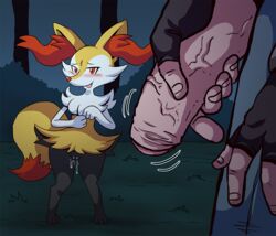 2016 black_fur blush braixen clothed clothing darkyamatoman duo ear_tuft faceless_male fangs female fingerless_gloves forest fur gloves grass human imminent_sex in_heat interspecies looking_at_viewer male mammal mostly_nude nintendo open_mouth penis pokémon_(species) pokemon pokemon_(species) pussy pussy_juice red_eyes red_fur smile standing teeth tongue tree tuft uncut vein veiny_penis video_games white_fur yellow_fur