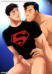 2boys anal_penetration anal_sex bbmbbf black_hair blue_eyes bottomless clark_kent clone cmnm conner_kent dc dc_comics erect_while_penetrated father_and_son fingers_on_balls gay incest kon-el kryptonian looking_at_partner male male_only multiple_boys no_pubic_hair nude palcomix penis precum precum_drip rear_deliveries s_shield sitting_on_penis superboy superboy_(conner_kent) superman superman_(series) t-shirt tagme testicles yaoi