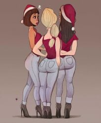 3girls back_view black_hair blonde_hair brown_hair christmas gray_jeans high_heels jeans large_ass original original_character red_tank_top santa_hat tank_top tomphelippe