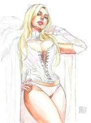 blonde_hair blue_eyes breasts cleavage corset dan_wade emma_frost hellfire_club large_breasts marvel marvel_comics panties thick_thighs traditional_art traditional_media_(artwork) white_queen x-men