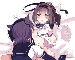 2girls akizuki_(kantai_collection) blush breast_sucking cis_(carcharias) clothes_removed female hatsuzuki_(kantai_collection) heavy_breathing kantai_collection multiple_girls text translation_request yuri