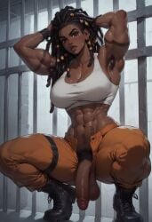 1futa ai_generated armpit_hair armpits boots brunette_futa brunette_hair cock dark-skinned_futanari dark_hair dark_skin dickgirl female_armpit_hair futa_only futanari gurza jail looking_at_viewer michaela muscular_arms muscular_futanari original_character penis prison prison_cell prison_uniform prisoner pubic_hair solo veins veiny veiny_penis