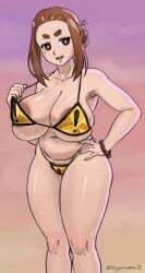 1girls 2024 big_areola big_breasts brunette_hair busty caution_sign curvaceous curvy curvy_body curvy_female curvy_figure female fryerwamez huge_areolae huge_breasts kaii_to_otome_to_kamikakushi mole_under_eye pubes pubic_hair short_eyebrows small_eyebrows sumireko_ogawa sweat sweatdrop swimsuit voluptuous