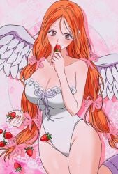 1girls alternate_version_available angel_wings big_breasts bleach bleach:_the_thousand-year_blood_war blush blushing breasts brown_eyes cleavage collarbone eyebrows eyebrows_visible_through_hair eyelashes female female_focus female_only frills huge_breasts inoue_orihime large_breasts light-skinned_female light_skin long_hair looking_at_viewer orange_hair solo solo_female solo_focus strawberry thick_thighs thighs wings