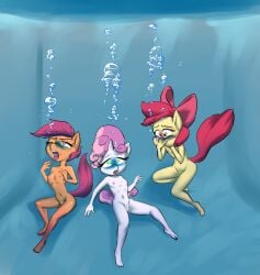 3girls anthro apple_bloom_(mlp) barefoot breasts byondrage cutie_mark_crusaders drowning feet female female_only flat_chest friendship_is_magic furry hasbro my_little_pony navel nipples nude pony pool pussy scootaloo_(mlp) skinny_dipping small_breasts sweetie_belle_(mlp) tagme trapped underwater water