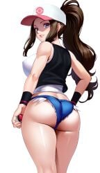 1girls ai ai_generated alternate_version_available ass blue_eyes breasts brown_hair denim denim_shorts female female_only hilda_(pokemon) large_breasts light-skinned_female light_skin looking_at_viewer looking_back nintendo pokemon short_shorts shorts solo thighs volyz white_background