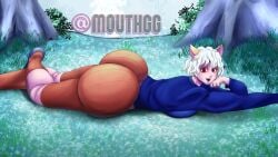 1girls cat_ears catgirl female forest grass huge_ass huge_breasts hunter_x_hunter laying_down light-skinned_female looking_at_viewer mouthgg neferpitou red_eyes smile smiling squished_breasts thick_thighs white_hair wide_hips