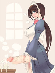 1futa blue_eyes blush breath brown_hair censored cum cum_in_container cum_in_cup cup dress dress_lift ejaculation from_side futa_only futanari hair highres human intersex jajala large_penis long_hair looking_at_viewer maid maid_headdress open_mouth original penis ponytail puffy_sleeves smile solo steam sweat teacup tied_hair veins very_long_hair