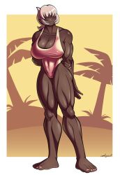 1girls 2021 2d_(artwork) barefoot beach big_breasts colored comfysaur covered_eyes dark-skinned_female diva_(comfysaur) female_only freckles jongrave muscular_female muscular_legs original_character simple_background smiling solo_female swimsuit white_hair_female white_one-piece_swimsuit