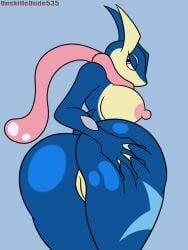 amphibian anthro ass big_breasts big_butt blue_body breasts butt_grab female frog generation_6_pokemon genitals greninja hand_on_butt hand_on_own_butt hi_res long_tongue looking_at_viewer looking_back membrane_(anatomy) multicolored_body nintendo nipples nude pink_eyes pink_tongue pokemon pokemon_(species) pussy seductive signature simple_background solo tail thick_thighs tongue two_tone_body unskilledude535