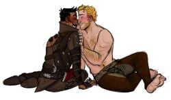 2boys armor bara beard_stubble beauty_mark biceps black_hair blonde_hair blush blush book bulge chest_hair closed_eyes cullen_rutherford cute dark-skinned_male dark_hair dark_skin dorian_pavus dragon_age dragon_age_inquisition duo facial_hair feet gay gay_male hairy_arms hairy_chest hairy_male human light-skinned_male light_skin mage male male/male male_only mole moustache moustache muscles muscular muscular_male nipples pants pecs pfaerie romantic shirtless shirtless_male sitting smile smiling straight_male stubble video_games warrior yaoi