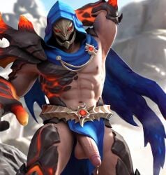abs ai_generated aldous armpit balls cloak hand_behind_head hood hooded_cloak male male_only mlbb mobile_legends mobile_legends:_bang_bang muscles navel nipples pecs penis precum solo stable_diffusion
