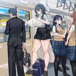 2boys 3girls animated background_character background_characters black_hair blue_eyes breasts_bigger_than_head brown_hair cellphone erect_nipples gif huge_breasts huge_nipples long_hair messy_hair nipple_bulge nipples_visible_through_clothing no_bra pleated_skirt school_uniform see-through suppainogasuki tall_female train train_interior white_shirt