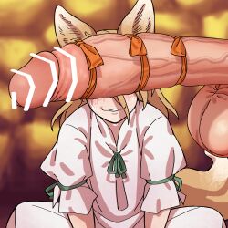 2futas animal_ears balls big_balls big_penis big_testicles blonde_hair blush censor_bar censored clothed clothing cock_shock eddybird erection faceless_futanari fox_ears fox_girl fox_tail fully_clothed futa_on_futa futa_only futa_with_futa futanari himemushi_momoyo huge_balls huge_cock huge_testicles humanoid implied_futanari kemonomimi kudamaki_tsukasa large_balls large_penis large_testicles light-skinned_futanari light_skin long_hair out_of_frame penis penis_awe penis_over_eyes ribbon ribbon_on_penis ribbons testicles touhou