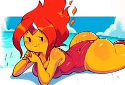 adventure_time ai_generated ass beach big_ass flame_princess lying_on_stomach pose red_head swimsuit