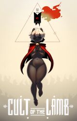 bell bovid breasts cape caprine clasped_hands closed_eyes cloven_hooves crown cult_of_the_lamb english_text ewe floating hands_clasped hands_together headwear hooves js4935 lamb lamb_(cult_of_the_lamb) legs_together no_panties occult_symbol red_crown_(cult_of_the_lamb) sheep simple_background text thick_thighs white_background white_hair