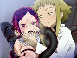 2girls after_fellatio angry areolae armpits arms_behind_head black_nails blonde_hair blush breast_press breasts censored cum cum_in_mouth cum_on_breasts earrings ejaculation facial gorgon_sisters highres ice_place incest large_breasts long_hair long_sleeves looking_at_another looking_at_viewer medusa_gorgon mosaic_censoring multicolored_eyes multicolored_hair multiple_girls nail_polish nipple_tweak nipples open_mouth raised_eyebrows rape shaula_gorgon short_hair siblings sisters smile soul_eater soul_eater_not! sweat tentacle upper_body yellow_eyes