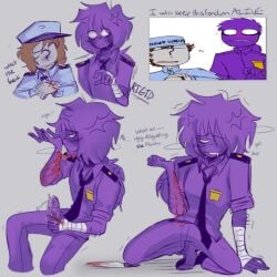 2boys blood_drip bloodplay cuts five_nights_at_freddy's injury jeremy_fitzgerald_(fnaf) knemoun knife male male_focus male_only masochism masturbation no_pupils ponytail purple_body purple_guy_(fnaf) purple_hair purple_skin sadism sadomasochism security_guard self_harm uniform vincent_(fnaf)