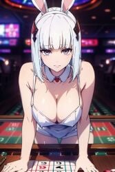 ai_generated big_ass big_breasts blush bunny bunny_costume bunny_ears bunny_girl bunnygirl bunnysuit cute cute_face eyelashes flustered gambling jujutsu_kaisen multicolored_hair pink_eyes pov pov_eye_contact shounen_jump shy slim_waist thick_thighs uraume white_hair