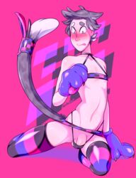 2016 animal_humanoid balls blush bulge cat_humanoid cat_paws cat_tail clothing feline girly hair humanoid leggings legwear lizardbat_(artist) male male_only mammal penis rubber simple_background solo stockings underwear