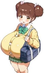 bare_legs breasts_bigger_than_head brown_hair fujinoki_nene gigantic_breasts hair_bun hair_ornament hajimete_no_gal light-skinned_female light_skin massive_breasts mimiru_(mimiru6969) school_uniform schoolgirl shortstack top_heavy yellow_eyes