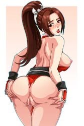 arm_guards artist_name ass back bare_shoulders breasts brown_eyes brown_hair character_name commentary copyright_name english_commentary fatal_fury female from_behind grin high_ponytail king_of_fighters looking_back mai_shiranui ninja obi parted_bangs patreon_username pelvic_curtain photoshop_(medium) ponytail revealing_clothes rope sano-br sash sideboob smile solo thighs watermark web_address