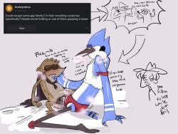 <3 2024 anthro avian bed bird blue_body blue_jay blush bodily_fluids brown_body bulge bulge_frottage bulge_rubbing cape cartoon_network clothing corvid cum dialogue english_text erection erection_under_clothing frottage frottage_through_clothing furniture furry gay genital_fluids genitals half-closed_eyes heart hi_res jay_(bird) male male/male male_only mammal mordecai mordecai_(regular_show) narrowed_eyes new_world_jay open_mouth oscine passerine penile penis penis_peek procyonid raccoon ranranparadoxx regular_show rigby rigby_(regular_show) sex shirt soaked speedo spread_legs spreading sweat swimwear tank_top text topwear underwear warner_brothers wrestling_briefs wrestling_outfit yaoi