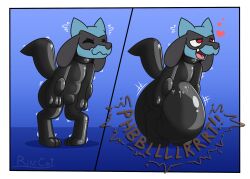 2024 anthro black_body black_fur blue_body blue_fur bodysuit closed_eyes clothing crouching cute_fangs feces fur generation_4_pokemon hand_on_knee hand_on_leg heart_symbol hi_res latex latex_bodysuit latex_clothing latex_skinsuit nintendo onomatopoeia open_mouth open_smile pokemon pokemon_(species) pushing red_eyes riolu ritzcat skinsuit smile soiling solo sound_effects sweatdrop_(iconography) text tight_clothing