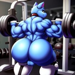 ai_generated animatronic anthro ass balls butt domestic_cat fazbear_fanverse feline five_nights_at_candy's fnaf frosting.ai furry furry_only gay male male/male male_only muscular muscular_male old_candy_(fnac) rear_view solo sugar1989 weightlifting