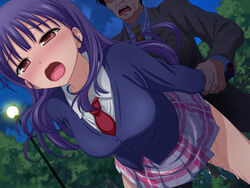 arm_grab bent_over blue_hair blush breasts clothed_sex dutch_angle female floating_hair highres large_breasts leaning_forward legs long_hair long_sleeves looking_at_viewer moaning necktie night open_mouth original outdoors park penetration plaid_skirt pussy pussy_juice red_eyes school_uniform sex skirt sky solo_focus suit thighs trees vaginal_penetration wet
