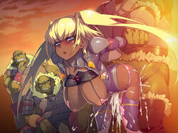 10s 1girls aqua_eyes areolae blonde_hair blue_eyes blush breasts censored cum dark-skinned_female dark_skin female hanging_breasts interspecies large_breasts long_hair namaniku_atk nipples open_mouth sex tagme taimanin_(series) taimanin_asagi_battle_arena tied_hair twintails yomi_akitsu