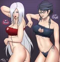 2girls bayonetta bayonetta_(character) bayonetta_2 djfeverx jeanne_(bayonetta) lingerie meme