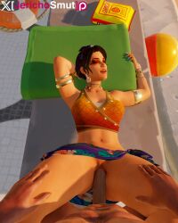 apex_legends beach beach_attire beachball closed_eyes electronic_arts enjoying enjoyment jerichosmut loba loba_(apex_legends) loba_andrade park_bench respawn_entertainment sand smiling sunbathing sunny vaginal_penetration vaginal_penetration