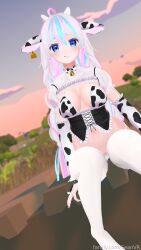 1girls animal_ears big_breasts breasts cow_girl long_hair looking_at_viewer seanvr sitting thigh_highs virtual_youtuber vrchat vtuber white_hair white_thighhighs