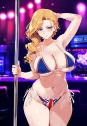 1girls ai_generated azur_lane big_breasts bikini blonde_hair blue_eyes blush eyebrows_visible_through_hair hood_(azur_lane) pale-skinned_female pale_skin side_ponytail solo solo_female solo_focus stripper stripper_pole sweat thick_thighs truck_kun union_jack union_jack_bikini wide_hips