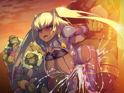 10s 1girls areolae blonde_hair blue_eyes blush breasts censored cum dark-skinned_female dark_skin female hanging_breasts interspecies large_breasts long_hair namaniku_atk nipples open_mouth sex tagme taimanin_(series) taimanin_asagi_battle_arena tied_hair twintails yomi_akitsu