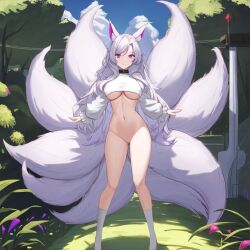 ai_generated big_breasts breasts fan_character female female_focus female_only fox fox_ears fox_girl fox_tail kitsune kitsunemimi large_boobs large_breasts long_hair looking_at_viewer multiple_tails nine_tailed_fox nipple nude nude_female original original_character perfect_body pussy sexykitsune solo_female tails thick_thighs white_hair